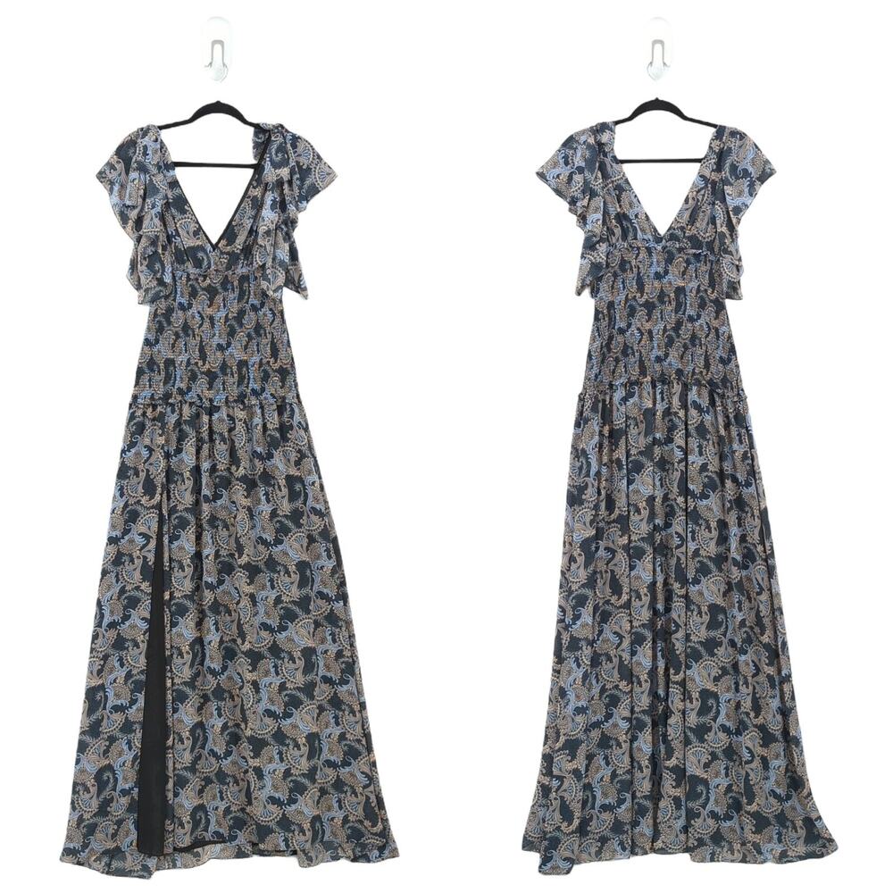 Cinq a Sept Women 2 Kris Dress Raven Blue Paisley Smocked Chiffon Maxi NEW FLAW